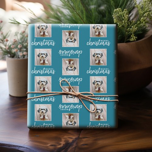 Merry Christmas with One Square Photo _ blue Wrapping Paper