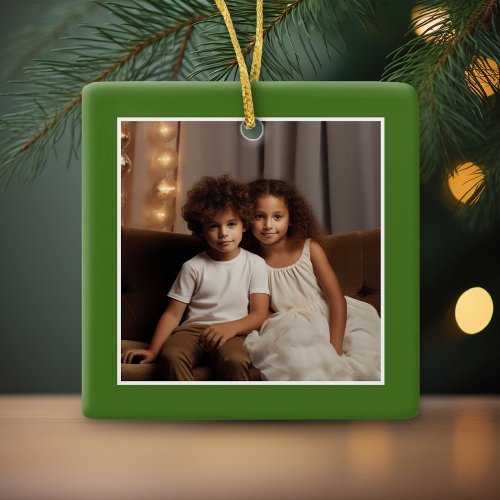 Merry Christmas with One Square Photo _ green Ceramic Ornament