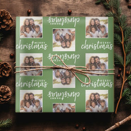 Merry Christmas with One Square Photo - green Wrapping Paper
