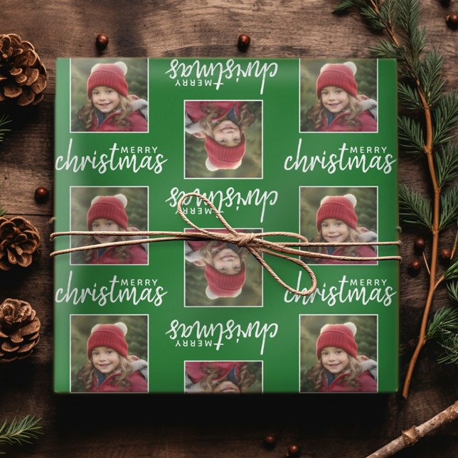 Merry Christmas with One Square Photo - green Wrapping Paper (Personalized Christmas Wrapping Paper - Add a photo to this festive design!)