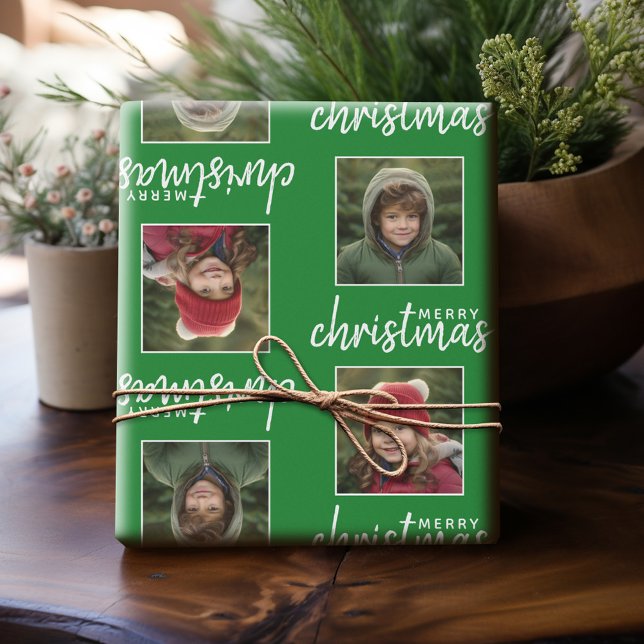 Merry Christmas with One Square Photo - green Wrapping Paper (Personalized Photo Wrapping Paper)