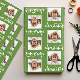 Merry Christmas with One Square Photo green Wrapping Paper Sheets