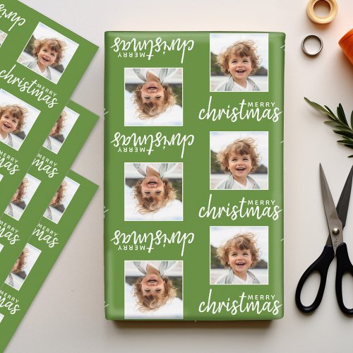Merry Christmas with One Square Photo green Wrapping Paper Sheets