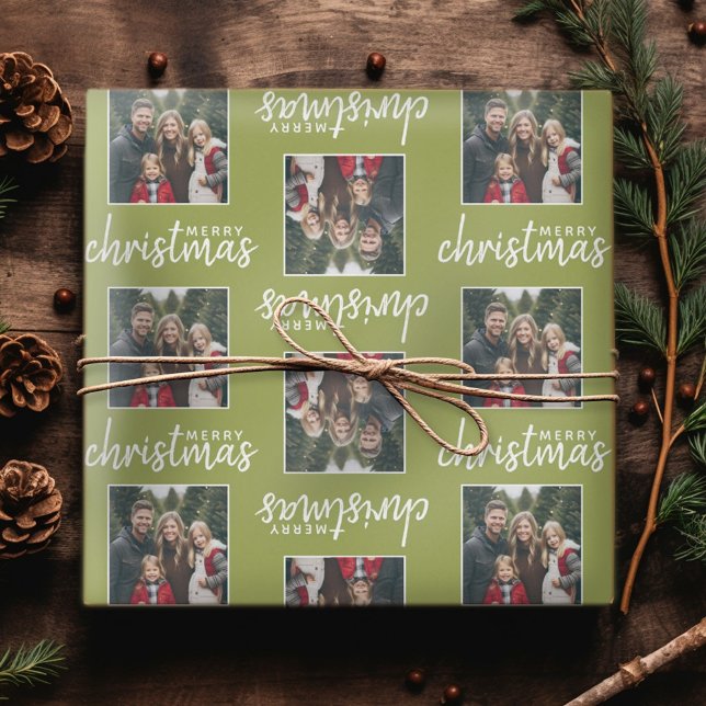 Merry Christmas with One Square Photo - lime green Wrapping Paper (Personalized Christmas Wrapping Paper - Add a photo to this festive design!)