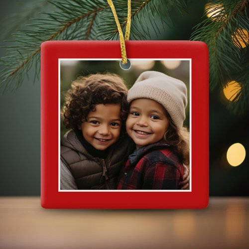 Merry Christmas with One Square Photo _ red Ceramic Ornament