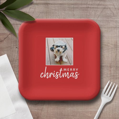 Merry Christmas with One Square Photo _ red Paper Plates
