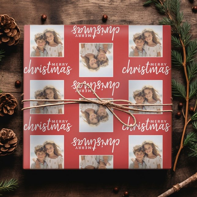 Merry Christmas with One Square Photo - red Wrapping Paper (Personalized Christmas Wrapping Paper - Add a photo to this festive design!)