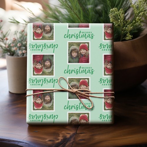 Merry Christmas with One Square Photo white green Wrapping Paper