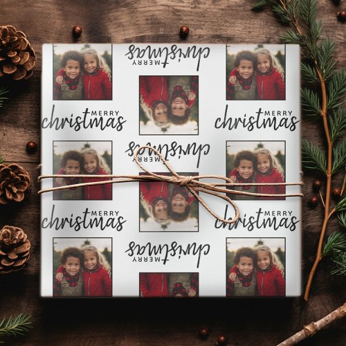 Merry Christmas with One Square Photo _ white Wrapping Paper