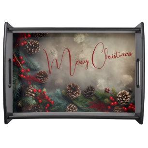 Merry Christmas with pine cones and holly Serving Tray