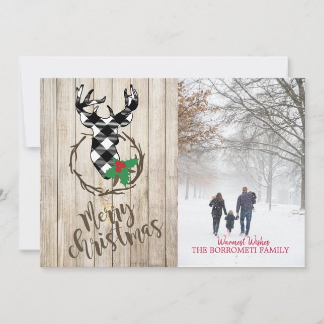 Merry Christmas With Plaid Deer Head Photo Card (Front)