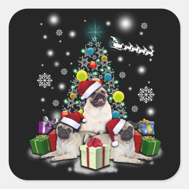 Merry Christmas with Pug Dog Animal Square Sticker (Front)