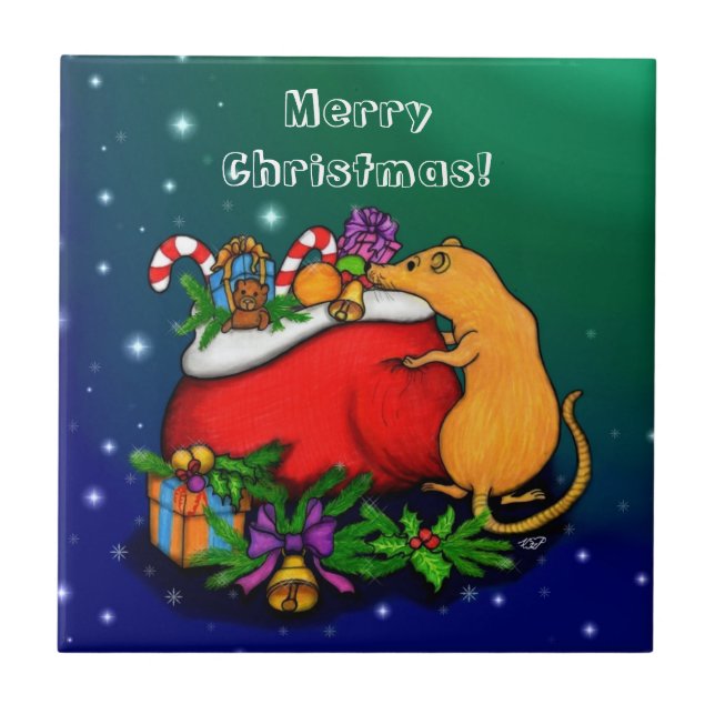 Merry Christmas with Rat Prince Ceramic Tile (Front)