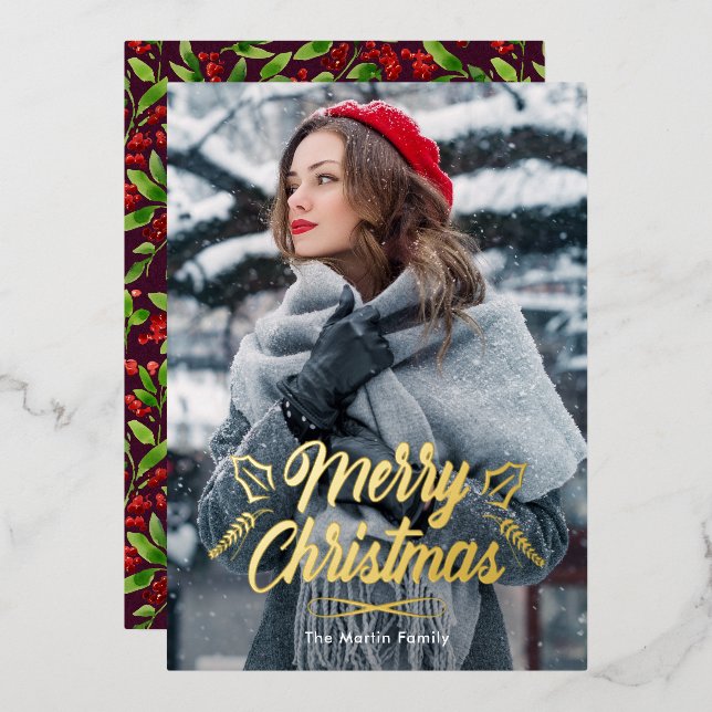 Merry Christmas with Red Botanicals Photo Holiday Foil Invitation (Front/Back)