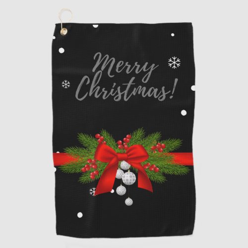 Merry  Christmas with red ribbon gift golfer  Golf Towel