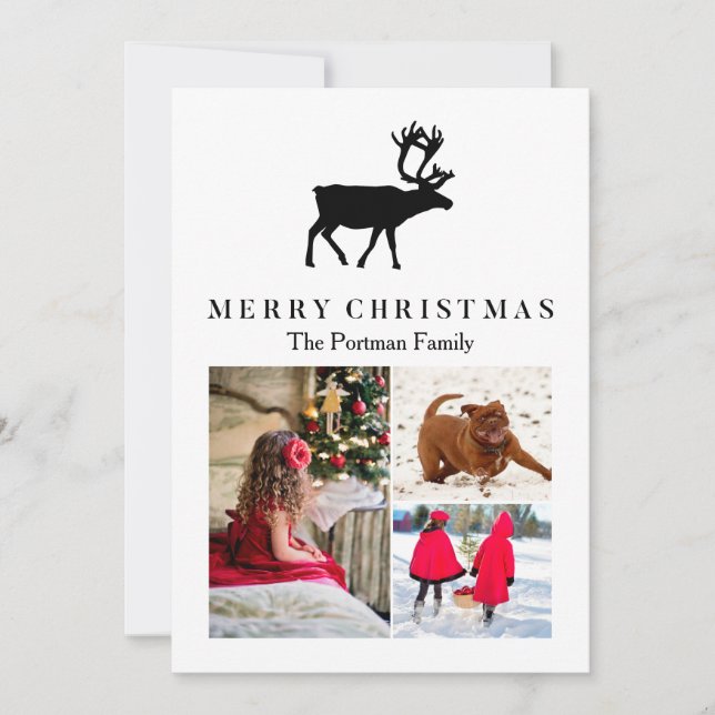 Merry Christmas with Reindeer Add Photos and Name Holiday Card (Front)
