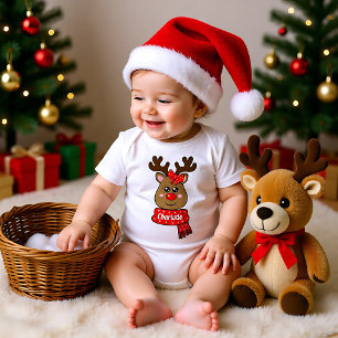 Merry Christmas with reindeer, customizable Baby Bodysuit