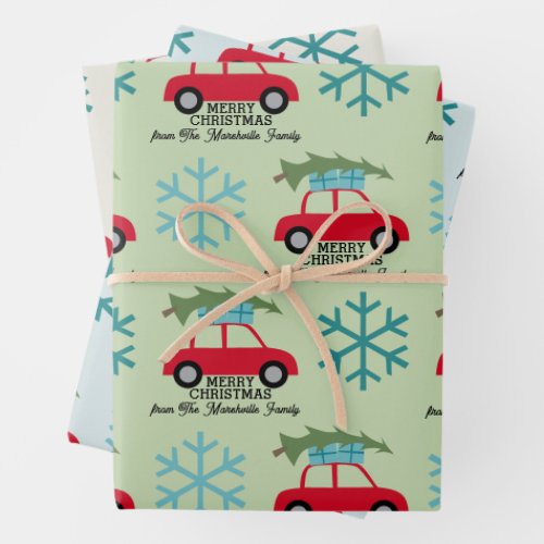 Merry Christmas with Retro Car Christmas Tree Gift Wrapping Paper Sheets