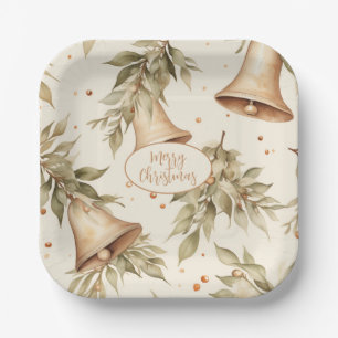 Merry Christmas with Rustic Bells and Foliage Paper Plates