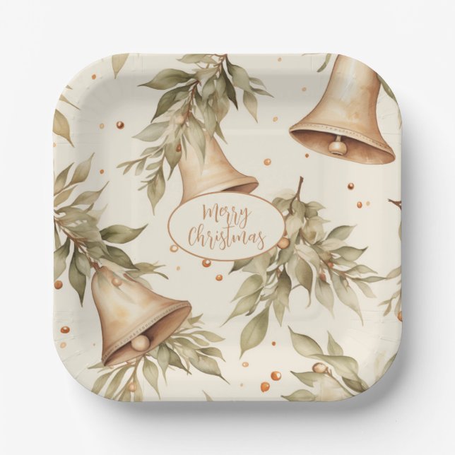 Merry Christmas with Rustic Bells and Foliage Paper Plates (Front)
