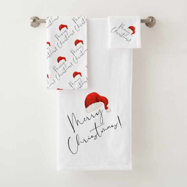 Merry Christmas with Santa Hat Bath Towel Set (Insitu)