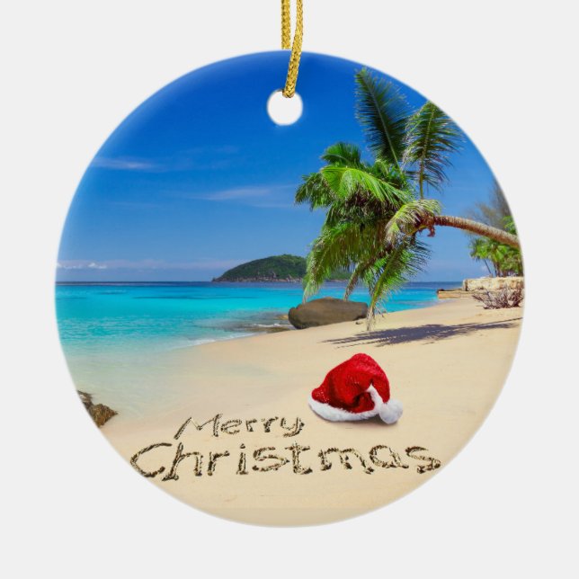 Merry Christmas With Santa Hat In The Tropics Ceramic Ornament (Front)