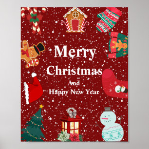 Merry christmas with snow- red holiday poster