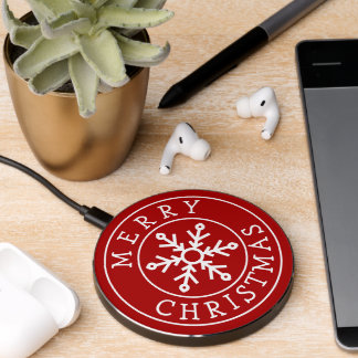 Merry Christmas with Snowflake on Bright Red Wireless Charger