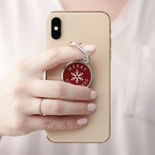 Merry Christmas with Snowflake on Deep Dark Red Phone Ring Stand