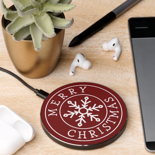 Merry Christmas with Snowflake on Deep Dark Red Wireless Charger