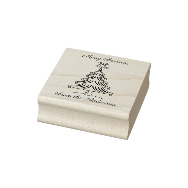 Merry Christmas with tree and family name Rubber Stamp (Stamp)
