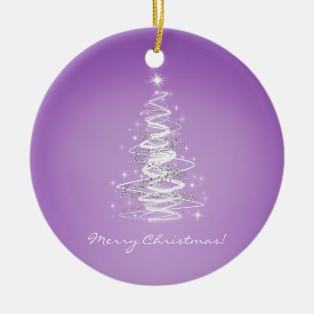 Merry Christmas with tree in purple Ceramic Ornament (Front)