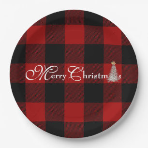 Merry Christmas with tree on buffalo plaid Paper Plates