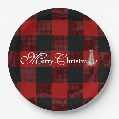 Merry Christmas with tree on buffalo plaid Paper Plates