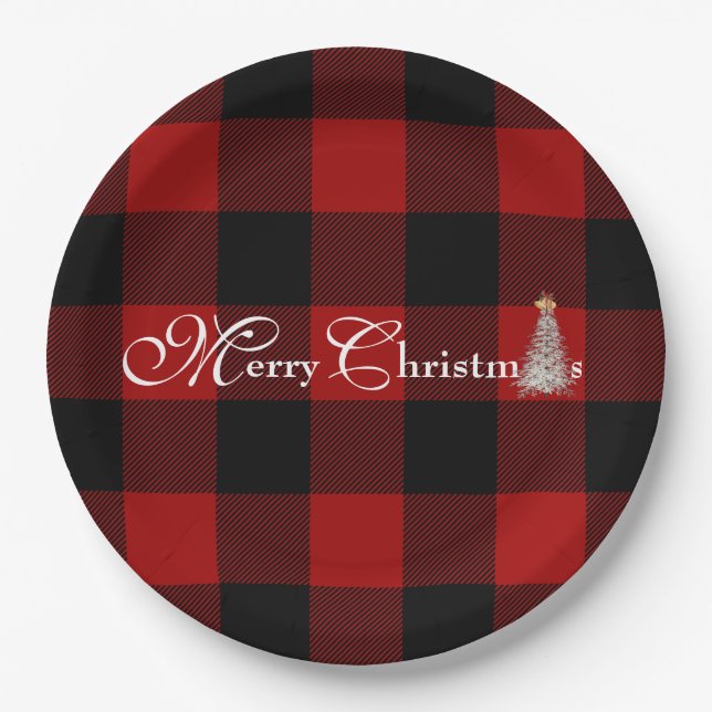 Merry Christmas with tree on buffalo plaid Paper Plates (Front)