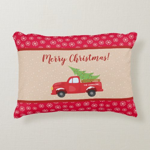 Merry Christmas with Truck and Tree Family Name Accent Pillow