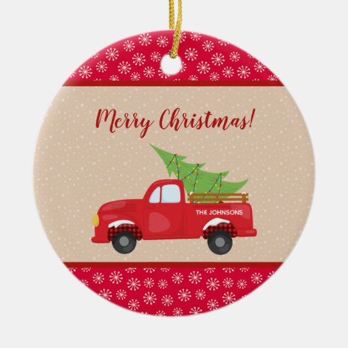 Merry Christmas with Truck and Tree Family Name Ceramic Ornament