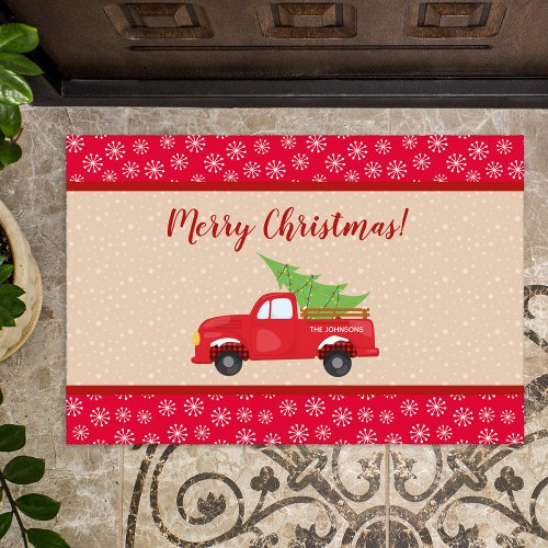 Merry Christmas with Truck and Tree Family Name Doormat