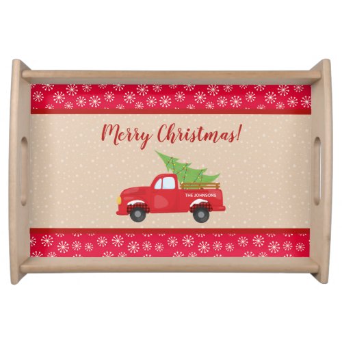 Merry Christmas with Truck and Tree Family Name Serving Tray