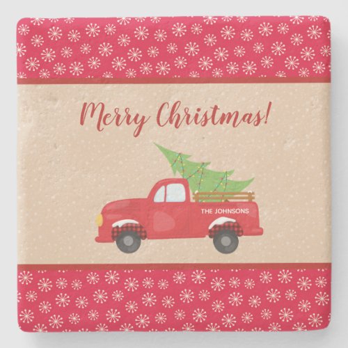 Merry Christmas with Truck and Tree Family Name Stone Coaster