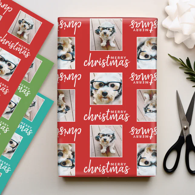 Merry Christmas with Two Square Photos 3 colors Wrapping Paper Sheets (Personalized Photo Wrapping Paper)