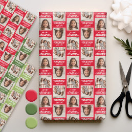 Merry Christmas with Two Square Photos - red green Wrapping Paper Sheets