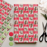 Merry Christmas with Two Square Photos - red green Wrapping Paper Sheets<br><div class="desc">Add two pictures to this cute holiday photo collage - perfect for the kids. A simple and modern photo to make a memorable wrap under your tree. A modern minimal script font with a place to upload 2 square photos.</div>