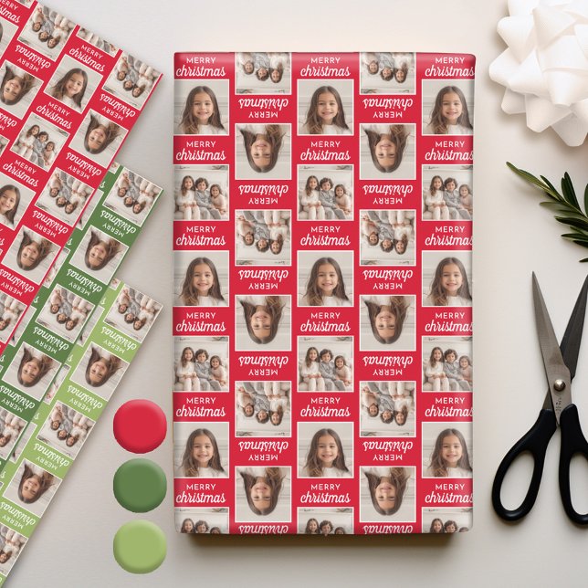 Merry Christmas with Two Square Photos - red green Wrapping Paper Sheets (Personalized Photo Wrapping Paper)