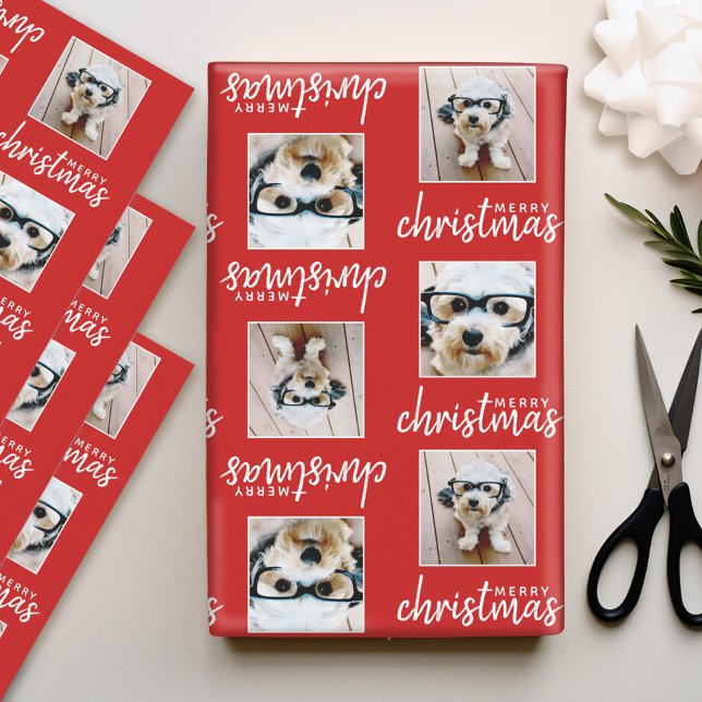 Merry Christmas with Two Square Photos red Wrapping Paper Sheets (Personalized Photo Wrapping Paper)
