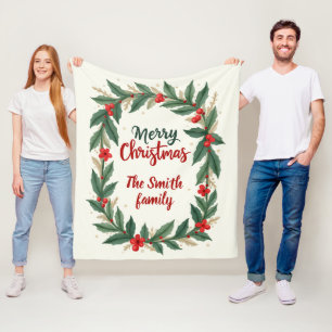 Merry Christmas With Wreath And Name Fleece Blanket