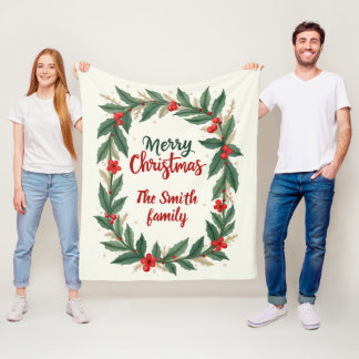 Merry Christmas With Wreath And Name Fleece Blanket