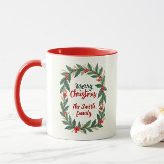 Merry Christmas With Wreath And Name Red Coffee Mug