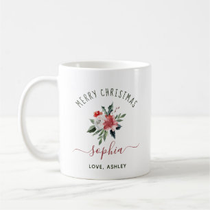 Merry Christmas with your Name Watercolor Floral Coffee Mug