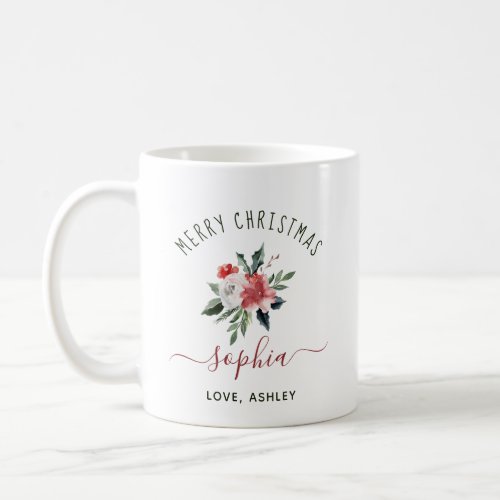 Merry Christmas with your Name  Watercolor Floral Coffee Mug